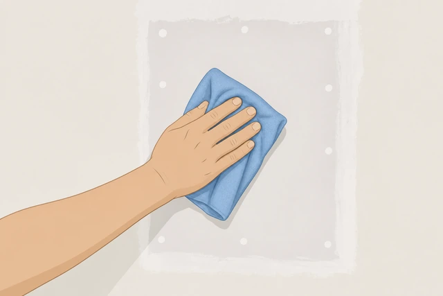 Illustration: lightly damp cloth final dust wipe on smooth drywall patch