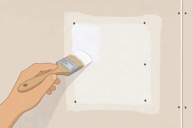 Illustration: small brush applying thin primer coat over spackled drywall patch