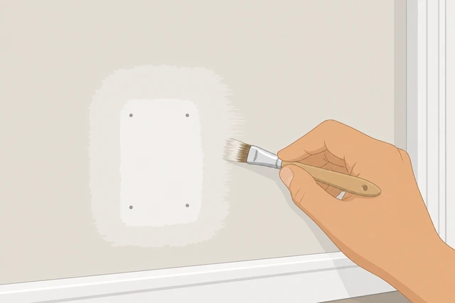 Illustration: small brush feathering touch-up paint edges on a patched drywall wall