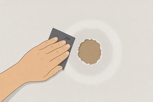 Illustration: fine sandpaper scuffing a ring around a small drywall hole