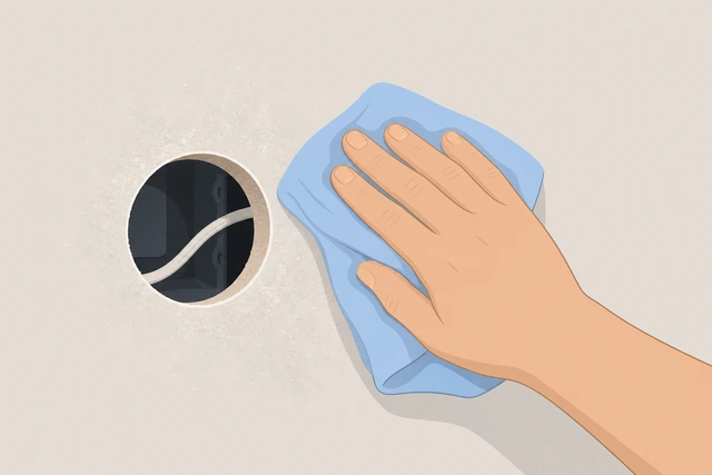 Illustration: barely damp cloth wiping dust from sanded drywall around a small hole