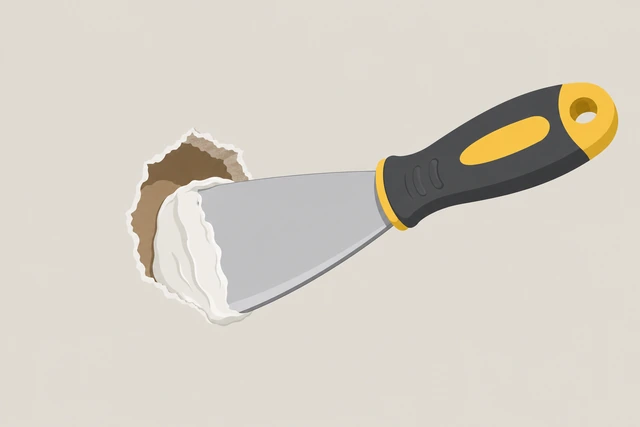 Illustration: putty knife pressing spackle into a small drywall hole at an angle