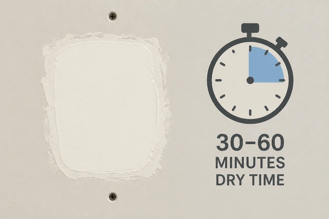 Illustration: dried light-colored spackle patch on drywall, label dry-time cue