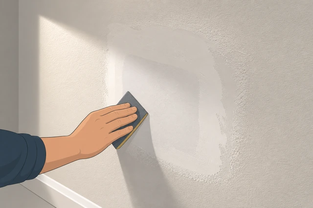 Illustration: final light sanding of drywall patch viewed at angle in raking light