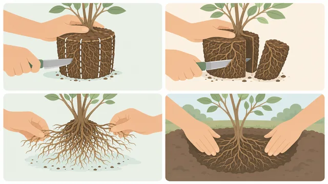 Tree root ball set in planting hole with roots spread outward before backfill