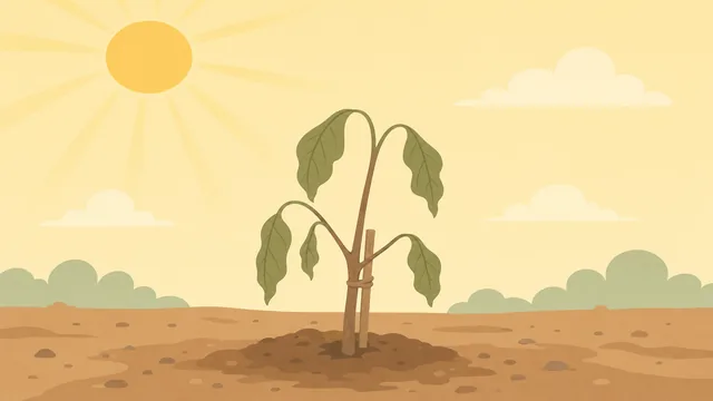 Gardener checking soil moisture beside a newly planted tree with drooping leaves