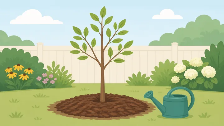 Illustration: newly planted tree with mulch ring and hose