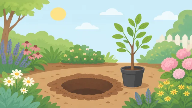 Sunlit planting site with a shallow drainage test hole