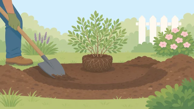 Wide, shallow planting hole beside a nursery tree