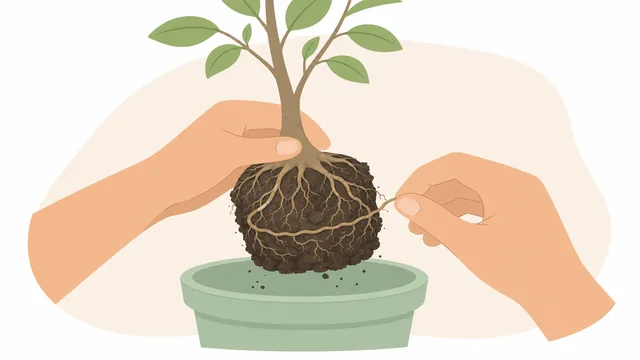 Gardener exposing a tree's root flare and loosening circling roots