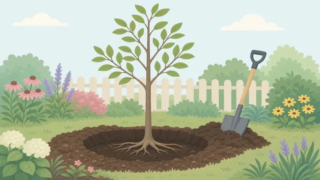 Young tree centered in a planting hole with root flare at soil grade