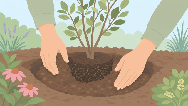 Gardener backfilling a tree planting hole with native soil