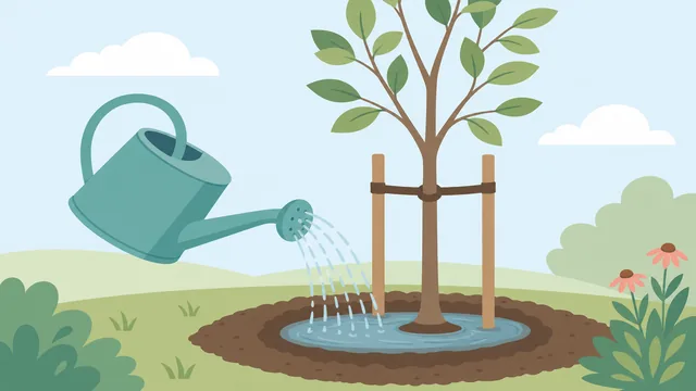 Hose slowly watering the root zone of a newly planted tree