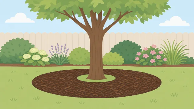 Wide mulch ring around a newly planted tree with space around the trunk