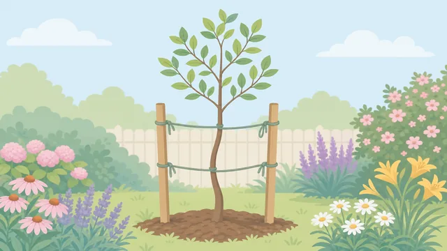 Young tree with two loose, low support ties at a windy site