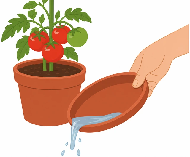 Illustration: emptying standing water from tomato pot saucer