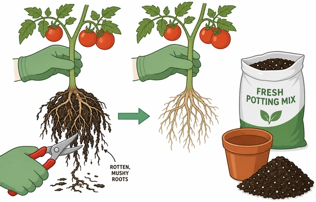 Illustration: trimming mushy tomato roots and replacing soggy potting mix