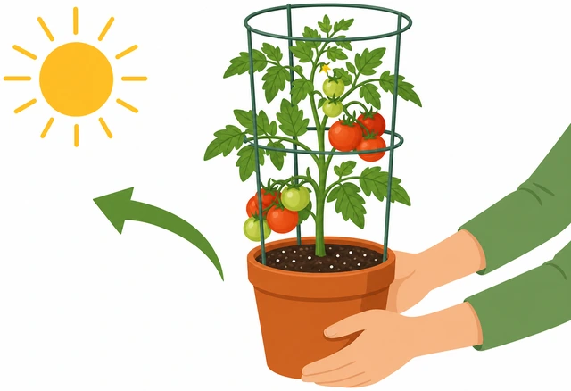 Illustration: returning potted tomato to sun with cage after drainage fix