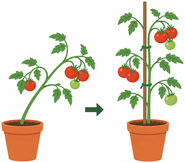 Illustration: staking a leaning potted tomato upright