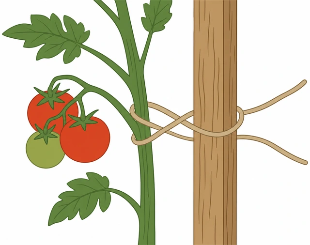 Illustration: loose figure-eight tomato tie to stake