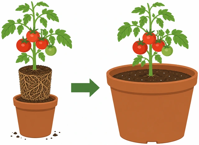 Illustration: upsizing rootbound tomato from small pot to larger pot