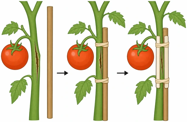 Illustration: splinting cracked tomato stem with stake