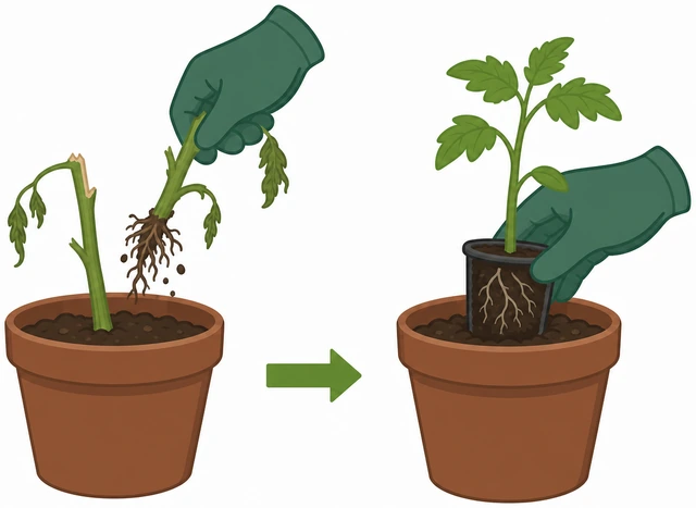 Illustration: replacing a snapped tomato plant with a new seedling in pot