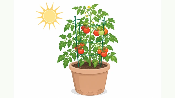 Illustration: healthy tomato plant in a large pot with cage in sun