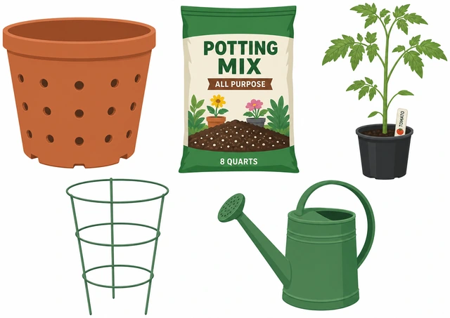Illustration: large pot with holes potting mix tomato seedling cage and watering can