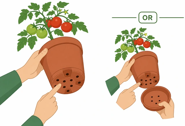 Illustration: checking drainage holes under tomato pot with optional saucer