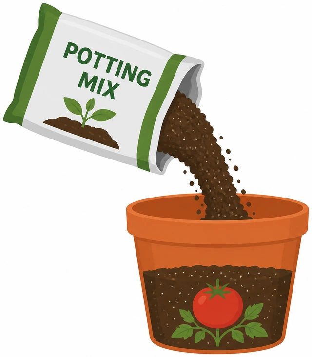 Illustration: filling tomato pot halfway with potting mix