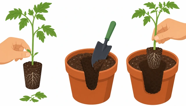 Illustration: removing tomato seedling pinching lower leaves digging deep hole in pot