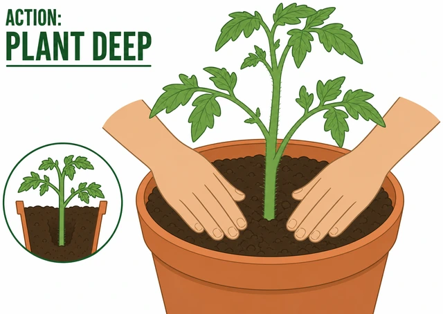 Illustration: planting tomato deep in pot and firming soil around stem