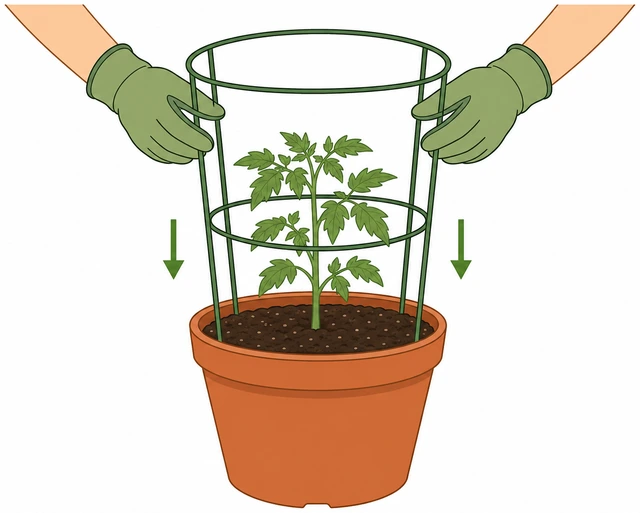 Illustration: installing tomato cage or stake in pot right after planting