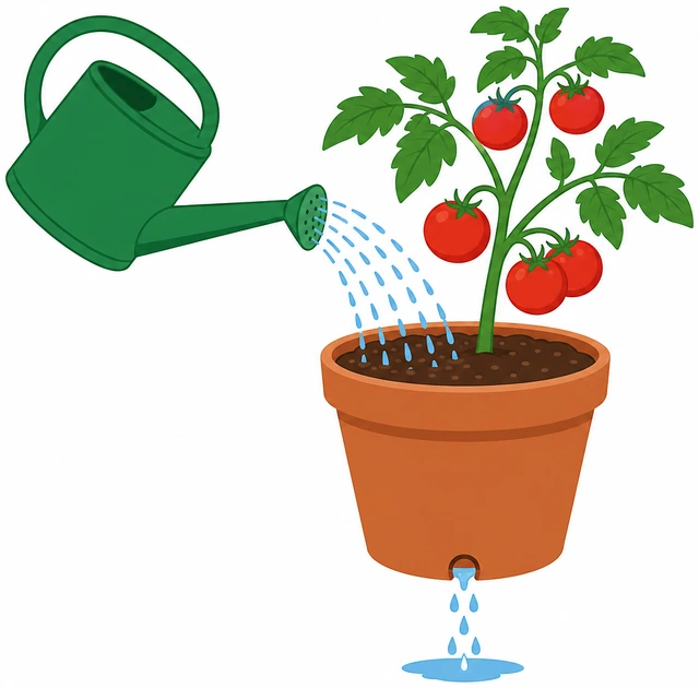 Illustration: watering tomato pot until water drains from bottom holes