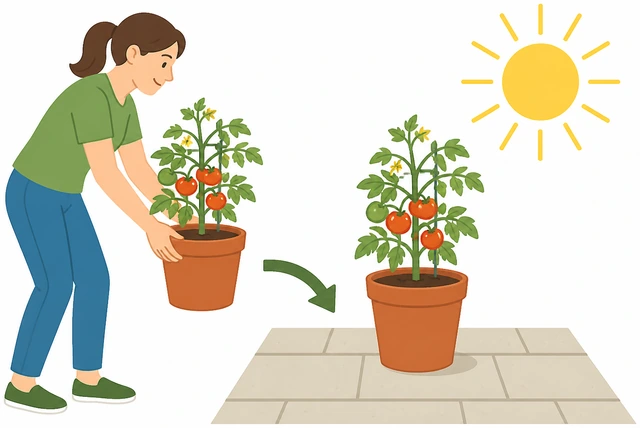 Illustration: placing potted tomato in full sun on patio
