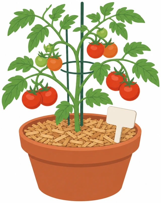 Illustration: adding light mulch and plant label to tomato pot