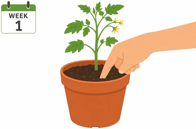 Illustration: finger testing tomato pot soil moisture in first week