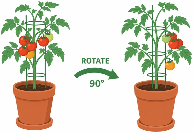 Illustration: rotating tomato pot a quarter turn for even light