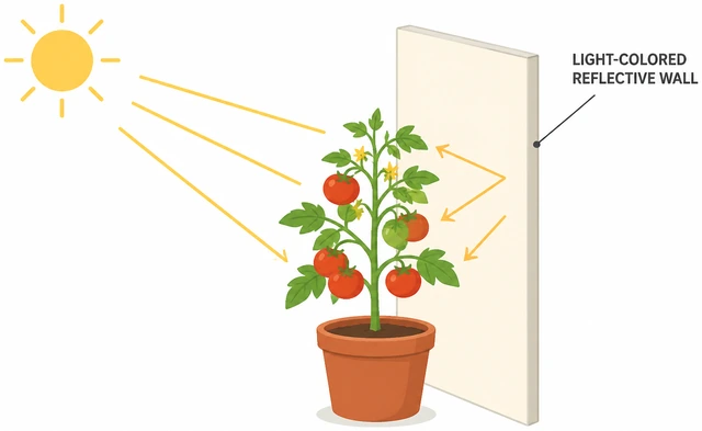 Illustration: tomato pot near light-colored wall reflecting sun