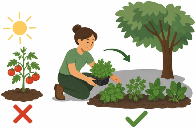 Illustration: choosing leafy herbs instead of tomatoes in shady spot