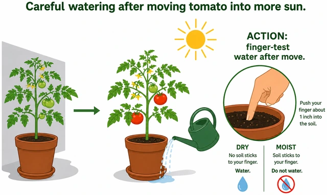 Illustration: careful watering after moving tomato into more sun