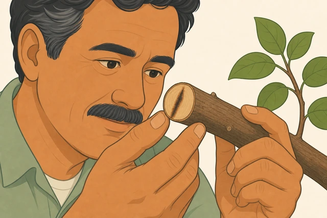 Illustration for Trace each affected cane down to healthy wood.