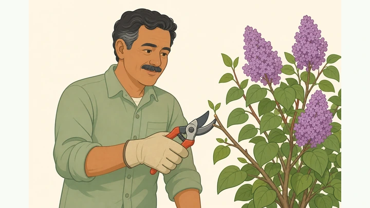 Illustration: gardener making an angled pruning cut above a bud on a flowering shrub