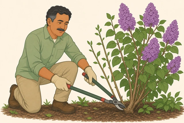 Illustration for Renew older shrubs by removing a few of the oldest canes at the base.