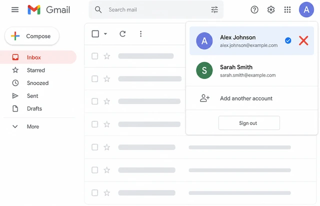Illustration: Gmail profile menu showing multiple Google accounts with the correct email selected