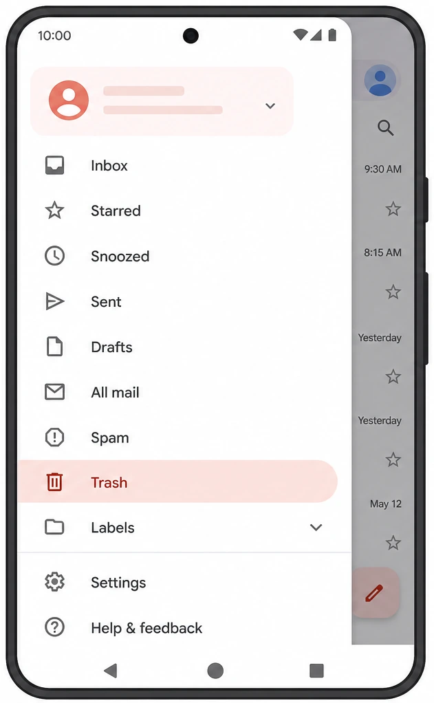 Illustration: Gmail mobile app menu expanded with Trash folder highlighted and profile avatar visible