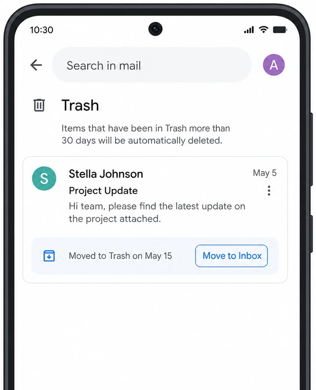 Illustration: Gmail mobile app with message selected and Move to Inbox action in the toolbar