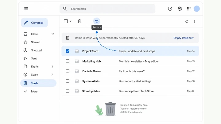 Illustration: Gmail Trash folder open on laptop with Move to Inbox button highlighted beside a restored message in Inbox
