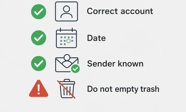 Illustration: checklist with correct Google account, sender hint, Trash not emptied, and desktop browser ready